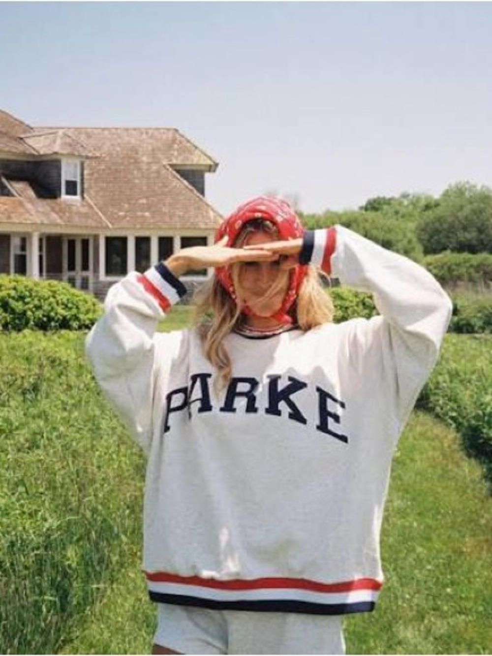 Parke Oversized White Crewneck Sweatshirt with Red & Navy Trim